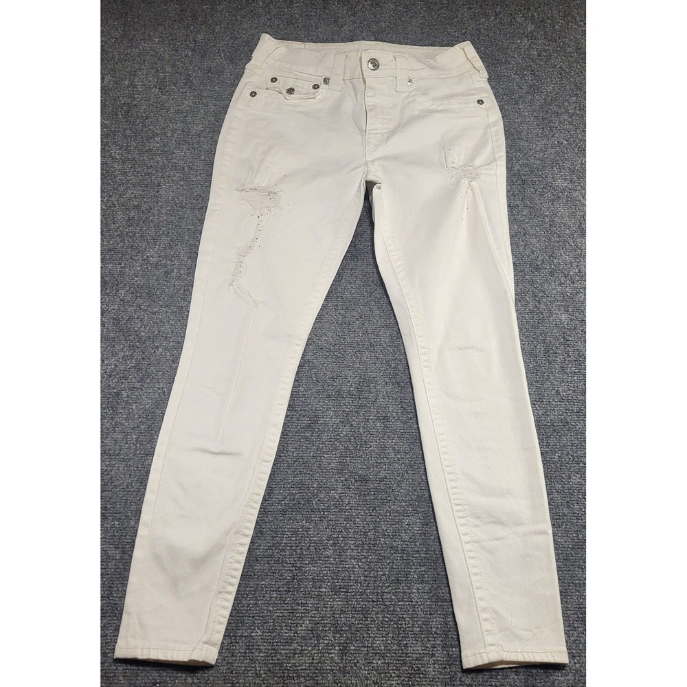 TRUE RELIGION Woman's Jennie Destroy Crystals White Skinny Jeans Size 30